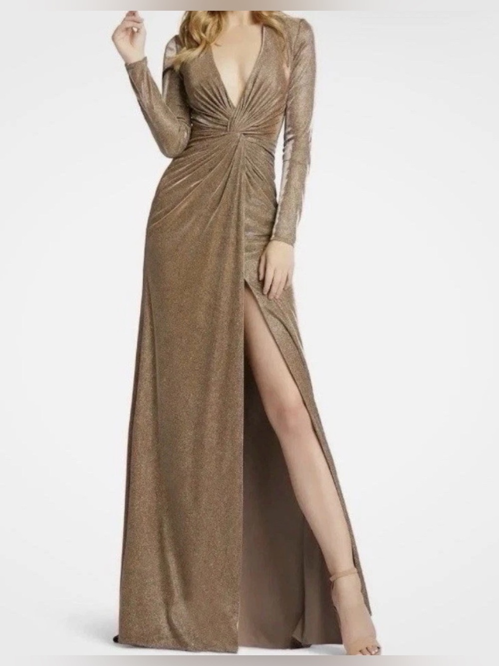 Mac Duggal Women's Front Twist Long Sleeve V-Neck Gown Gold size 0 BNWT
